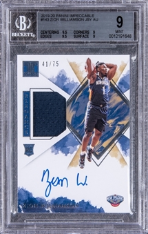 2019-20 Panini Impeccable #143 Zion Williamson Signed Patch Rookie Card (#41/75) - BGS MINT 9/BGS 10